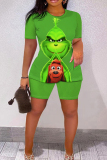 Green Christmas Outfit Grinch Cartoon Print O Neck Short Sleeve T-shirt And Shorts Casual Outing Two Pieces Shorts Sets