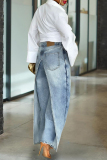 Blue Casual Loose Patchwork Mid Waist Straight Banana Shaped Fake Two Denim Wide-leg Pants Jeans
