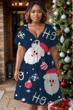 Blue Christmas Party Outfits Santa Claus Print V Neck Short Sleeve A Line Mini Dress