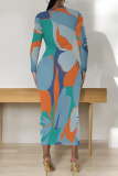 Sky Blue Formal Office Casual Outing Geometric Print O Neck Long Sleeve Bodycon Maxi Dresses