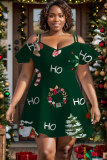 Green White Christmas Party Outfit Casual Graphcis Print Backless Off Shoulder Short Sleeve A Line Mini Dress