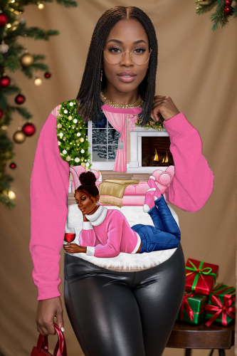 Apricot Christmas Figure Girl Print Round Neck Long Sleeve Fall Winter Sweatshirts Tops