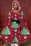 Claret Christmas Party Outfits Casual Christmas Tree Santa Claus Print With Belt V Neck Long Sleeve A Line Pleated Mini Dresses