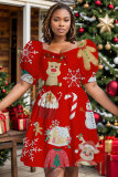 Red Khaki Christmas Party Outfits Graphcis Print Square Neck Short Sleeve Pleated Mini Dress