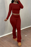 Dark Blue Skinny Round Neck Long Sleeve T-shirt and Belted Flared Pants Two Pieces Matching Sets