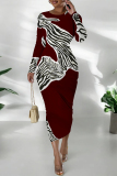 Sky Blue Formal Office Casual Outing Geometric Print O Neck Long Sleeve Bodycon Maxi Dresses