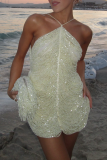 White Party Formal Evening Prom Beaded Sleeveless Bodycon Halter Mini Dresses