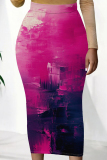 Blue Pink Casual Personalized Ink Painting Mid Waist Vacation Bodycon Maxi Skirt