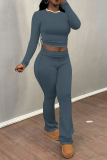 Dark Blue Skinny Round Neck Long Sleeve T-shirt and Belted Flared Pants Two Pieces Matching Sets
