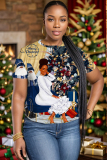Green Christmas Figure Girl Tree Print Round Neck Short Sleeve T-shirt Tops