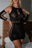 Black Butterfly Lace Print Hollow Out See-Through Bodycon One Pieces Lingerie (With Sleeves)