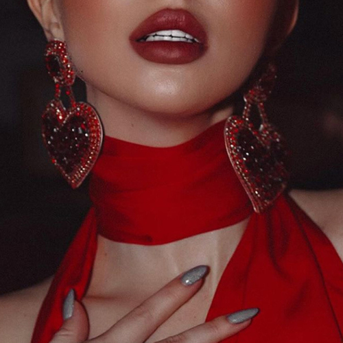 Red Oversize Party Club Daily Rhinestone Heart Shaped Stud Earrings