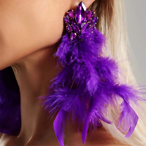 Purple Daily Fluffy Feathered  Rhinestone Decor Earrings