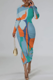 Sky Blue Formal Office Casual Outing Geometric Print O Neck Long Sleeve Bodycon Maxi Dresses