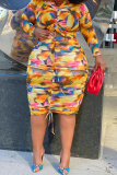 Yellow Formal Office Lady Casual Floral Print O Neck Long Sleeve Draw String Tops And Midi Skirt Plus Size Two Pieces Dress Sets