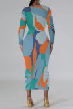 Sky Blue Formal Office Casual Outing Geometric Print O Neck Long Sleeve Bodycon Maxi Dresses