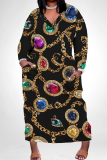 Black Gold Graphics Boho Print V Neck Long Sleeve Pocket Straight Loose Casual Outing Plus Size Maxi Dresses