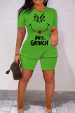 Green Christmas Outfit Grinch Cartoon Print O Neck Short Sleeve T-shirt And Shorts Casual Outing Two Pieces Shorts Sets