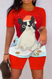 Red Black Christmas Outfit Cartoon Print O Neck Short Sleeve T-shirt And Shorts Casual Outing Two Pieces Shorts Sets