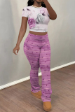 Purple Skinny Flowers Polka Dot Striped Print Contrast Round Neck Short Sleeve T-shirt and Belted Flared Pants Two Piece Sets