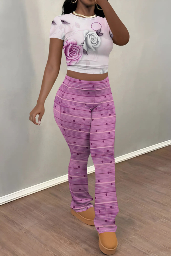 Purple Skinny Flowers Polka Dot Striped Print Contrast Round Neck Short Sleeve T-shirt and Belted Flared Pants Two Piece Sets