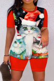 Red Black Christmas Outfit Cartoon Print O Neck Short Sleeve T-shirt And Shorts Casual Outing Two Pieces Shorts Sets