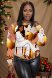 Golden Christmas Figure Girl Ballon Print Round Neck Long Sleeve Fall Winter Sweatshirts Tops