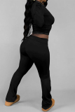 Dark Blue Skinny Round Neck Long Sleeve T-shirt and Belted Flared Pants Two Pieces Matching Sets