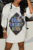 Yellow Sequins O Neck 3/4 Sleeve Straight Loose Casual Outing Mini T-shirt Dresses