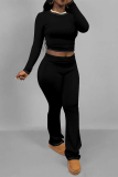 Dark Blue Skinny Round Neck Long Sleeve T-shirt and Belted Flared Pants Two Pieces Matching Sets