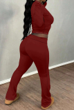 Dark Blue Skinny Round Neck Long Sleeve T-shirt and Belted Flared Pants Two Pieces Matching Sets