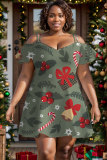 Green White Christmas Party Outfit Casual Graphcis Print Backless Off Shoulder Short Sleeve A Line Mini Dress