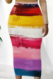 Blue Pink Casual Personalized Ink Painting Mid Waist Vacation Bodycon Maxi Skirt
