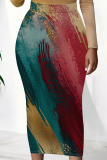 Blue Pink Casual Personalized Ink Painting Mid Waist Vacation Bodycon Maxi Skirt