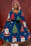 Claret Christmas Party Outfits Casual Christmas Tree Santa Claus Print With Belt V Neck Long Sleeve A Line Pleated Mini Dresses