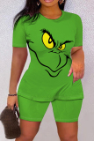 Green Christmas Outfit Grinch Cartoon Print O Neck Short Sleeve T-shirt And Shorts Casual Outing Two Pieces Shorts Sets