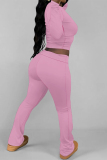 Dark Blue Skinny Round Neck Long Sleeve T-shirt and Belted Flared Pants Two Pieces Matching Sets