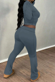 Dark Blue Skinny Round Neck Long Sleeve T-shirt and Belted Flared Pants Two Pieces Matching Sets
