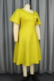 Yellow Party Formal Flowers Bow Detail Flared Sleeves Oblique Collar A Line Midi Dress