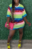 Yellow Sequins O Neck 3/4 Sleeve Straight Loose Casual Outing Mini T-shirt Dresses