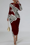 Sky Blue Formal Office Casual Outing Geometric Print O Neck Long Sleeve Bodycon Maxi Dresses