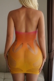 Pink Yellow Gradient Print Sleeveless Backless Hollow Out See-Through Bodycon One Pieces Lingerie