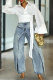 Blue Casual Loose Patchwork Mid Waist Straight Banana Shaped Fake Two Denim Wide-leg Pants Jeans