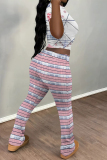 Purple Skinny Flowers Polka Dot Striped Print Contrast Round Neck Short Sleeve T-shirt and Belted Flared Pants Two Piece Sets