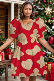 Red Khaki Christmas Party Outfits Graphcis Print Square Neck Short Sleeve Pleated Mini Dress