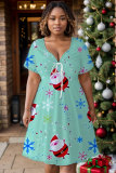 Blue Christmas Party Outfits Santa Claus Print V Neck Short Sleeve A Line Mini Dress