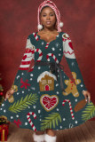 Claret Christmas Party Outfits Casual Christmas Tree Santa Claus Print With Belt V Neck Long Sleeve A Line Pleated Mini Dresses