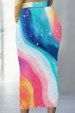 Blue Pink Casual Personalized Ink Painting Mid Waist Vacation Bodycon Maxi Skirt