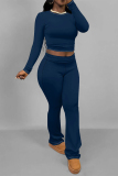 Dark Blue Skinny Round Neck Long Sleeve T-shirt and Belted Flared Pants Two Pieces Matching Sets