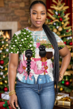 Pink Christmas Figure Girl Tree Print Round Neck Short Sleeve T-shirt Tops